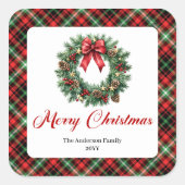 Elegant Watercolor Pine Wreath Christmas Sticker スクエアシール (正面)