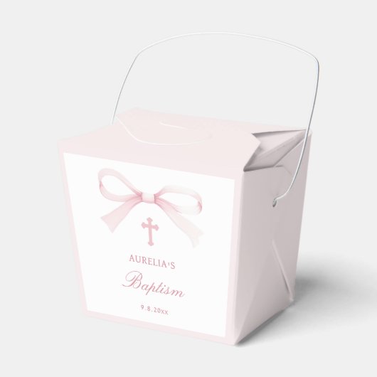 Elegant Watercolor Pink Bow Baptism Take Out フェイバーボックス (正面サイド)