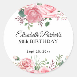 Elegant watercolor pink floral 90th birthday favor ラウンドシール