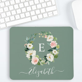 Elegant Watercolor Pink Floral Sage Green Monogram マウスパッド