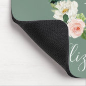 Elegant Watercolor Pink Floral Sage Green Monogram マウスパッド (コーナー)
