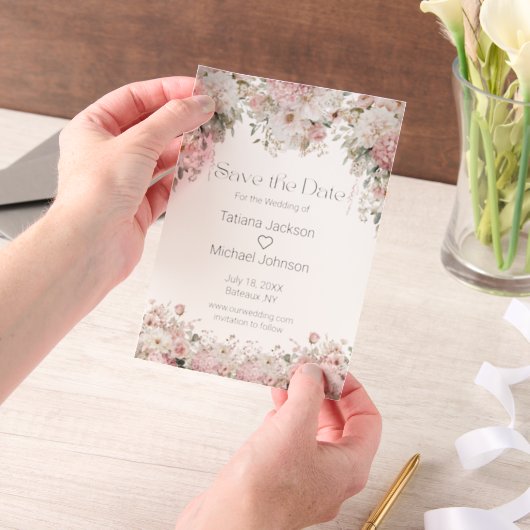 elegant watercolor pink floral save the date  ベラム紙招待状 (ポータブル)