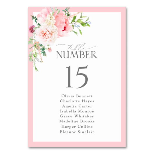 Elegant Watercolor Pink Flowers Bridal Shower テーブルナンバー (正面)
