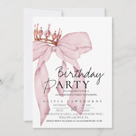 Elegant Watercolor Pink Gold Bow Birthday Party  招待状 (正面)