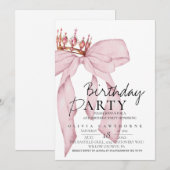 Elegant Watercolor Pink Gold Bow Birthday Party  招待状 (正面/裏面)