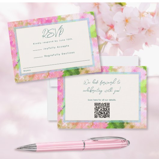 Elegant Watercolor Pink Hydrangea Garden Wedding  出欠カード