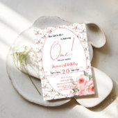 Elegant Watercolor Pink Rose Girl 1st Birthday 招待状