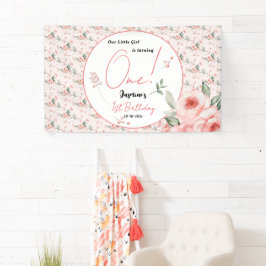 Elegant Watercolor Pink Rose Girl 1st Birthday 横断幕