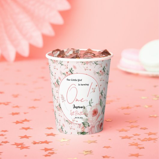 Elegant Watercolor Pink Rose Girl 1st Birthday 紙コップ (インサイチュ)