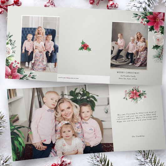 Elegant Watercolor Poinsettias, Roses & Pine Photo 三つ折りカード