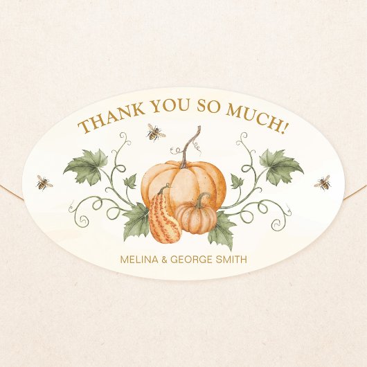Elegant Watercolor Pumpkins et Bees Thank You 楕円形シール