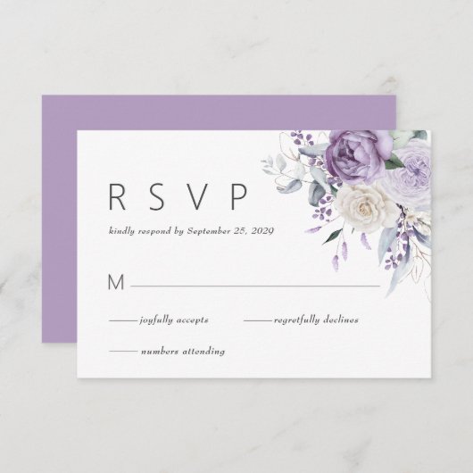 Elegant Watercolor Purple Floral Wedding RSVP (正面/裏面)