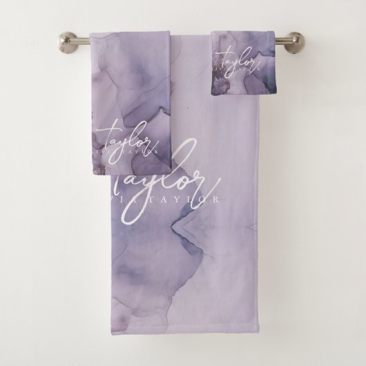 Elegant  Watercolor Purple Name Bath Towel バスタオルセット (インサイチュ)