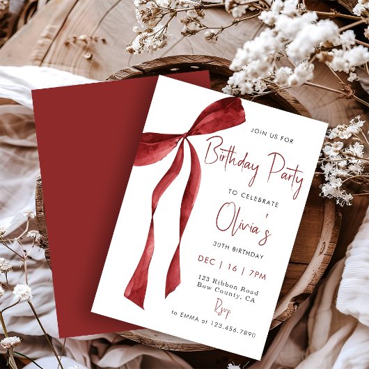 Elegant Watercolor Red Bow adult Birthday Party 招待状