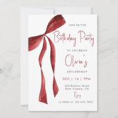 Elegant Watercolor Red Bow adult Birthday Party 招待状 (正面)