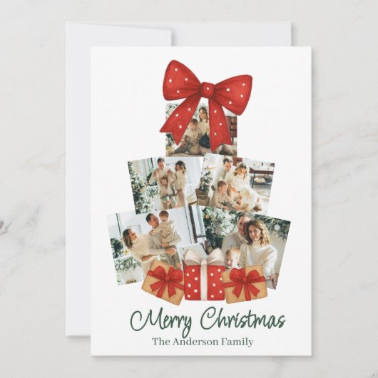 Elegant Watercolor Red Bow Family Christmas Tree シーズンカード (正面)