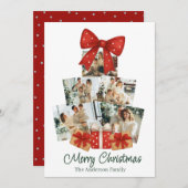 Elegant Watercolor Red Bow Family Christmas Tree シーズンカード (正面/裏面)