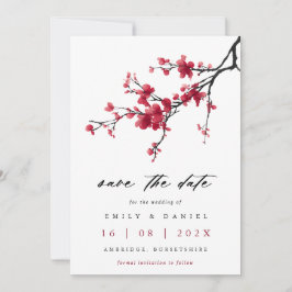 Elegant Watercolor Red Cherry Blossom Wedding セーブザデート