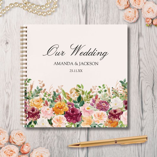 Elegant Watercolor Rose Flower Wedding Guestbook ノートブック