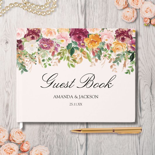 Elegant Watercolor Rose Garden Floral Wedding ゲストブック