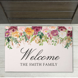 Elegant Watercolor Rose Garden Floral Welcome ドアマット