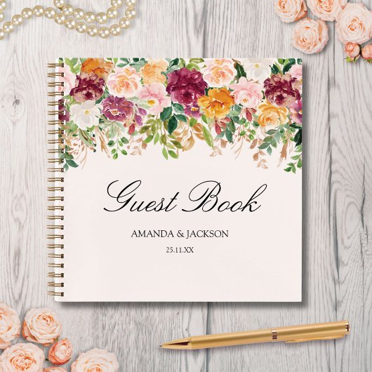 Elegant Watercolor Rose Garden Wedding Guestbook ノートブック