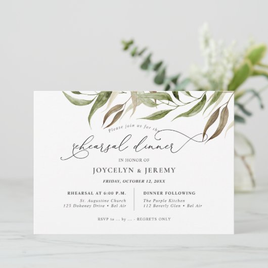 Elegant Watercolor Rustic Eucalyptus Rehearsal 招待状 (スタンド正面)