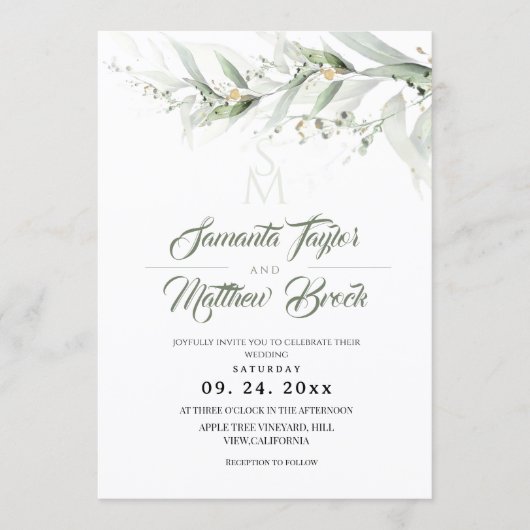 Elegant Watercolor Sage Greenery Floral Wedding 招待状 (正面)