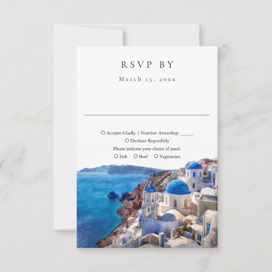 Elegant Watercolor Santorini Greece Wedding 出欠カード (正面)