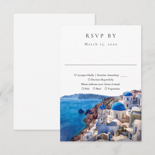 Elegant Watercolor Santorini Greece Wedding 出欠カード (正面/裏面)