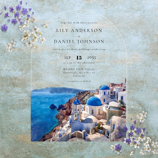 Elegant Watercolor Santorini Greece Wedding Arch アクリル招待状