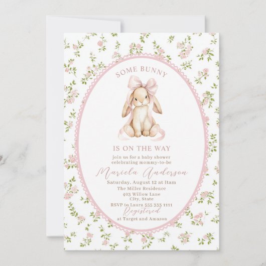 Elegant Watercolor some bunny pink bow Baby Shower 招待状 (正面)