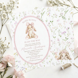 Elegant Watercolor some bunny pink bow Baby Shower 招待状