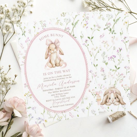 Elegant Watercolor some bunny pink bow Baby Shower 招待状