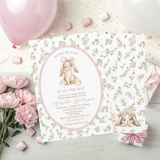 Elegant Watercolor some bunny pink bow Baby Shower 招待状