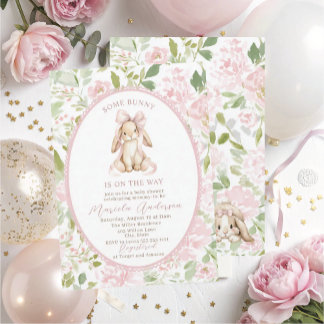 Elegant Watercolor some bunny pink bow Baby Shower 招待状