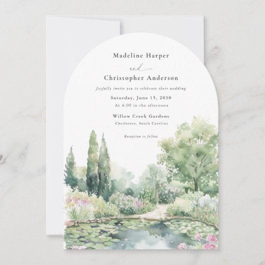 Elegant Watercolor Summer Garden Arched Wedding 招待状 (正面)