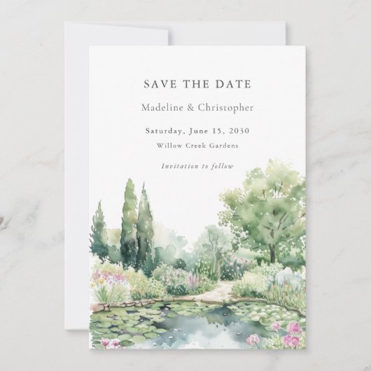 Elegant Watercolor Summer Garden Landscape Wedding セーブザデート (正面)