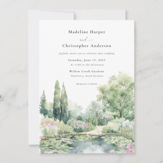Elegant Watercolor Summer Garden Wedding 招待状 (正面)