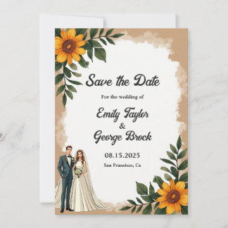 Elegant Watercolor Sunflower Summer Floral Wedding セーブザデート