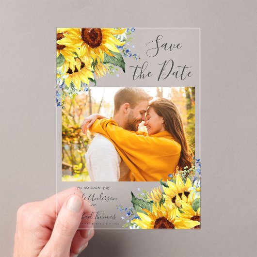 Elegant Watercolor Sunflowers Photo Save The Date アクリル招待状 (インサイチュ (ポータブル))