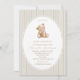 Elegant Watercolor Teddy Bear blue bow Baby Shower 招待状