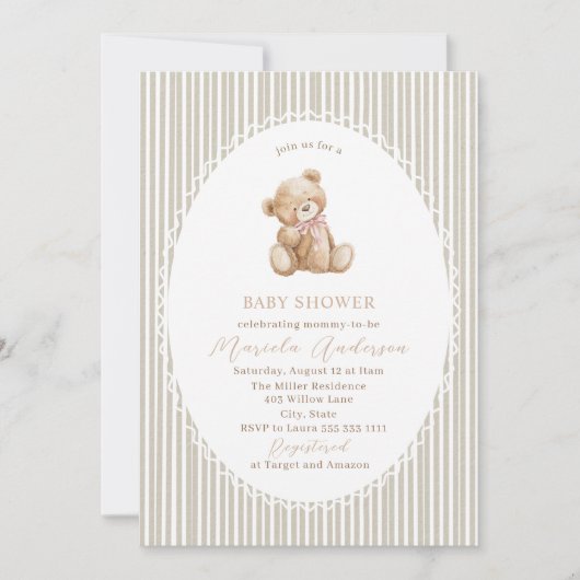 Elegant Watercolor Teddy Bear blue bow Baby Shower 招待状 (正面)