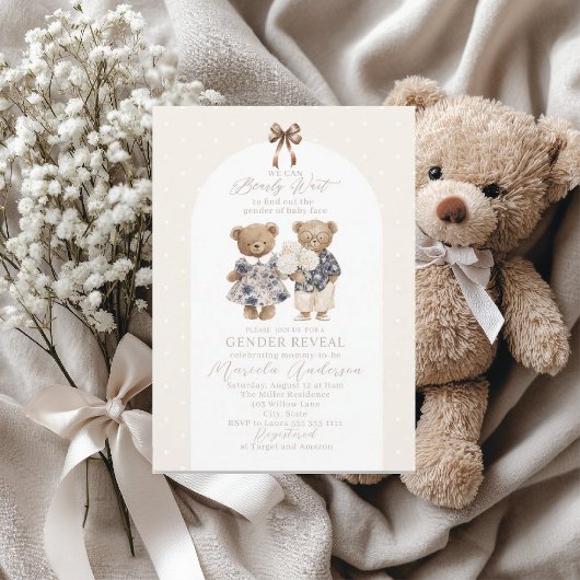 Elegant Watercolor Teddy Bear blue bow Baby Shower 招待状