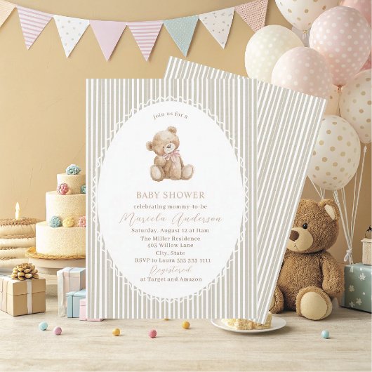 Elegant Watercolor Teddy Bear blue bow Baby Shower 招待状