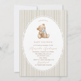 Elegant Watercolor Teddy Bear blue bow Baby Shower 招待状