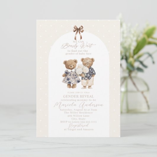 Elegant Watercolor Teddy Bear gender reveal Baby S 招待状 (スタンド正面)