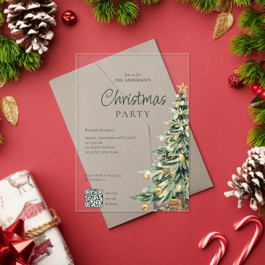 Elegant Watercolor Tree QR Code Christmas Party アクリル招待状 (インサイチュ (クリスマス))