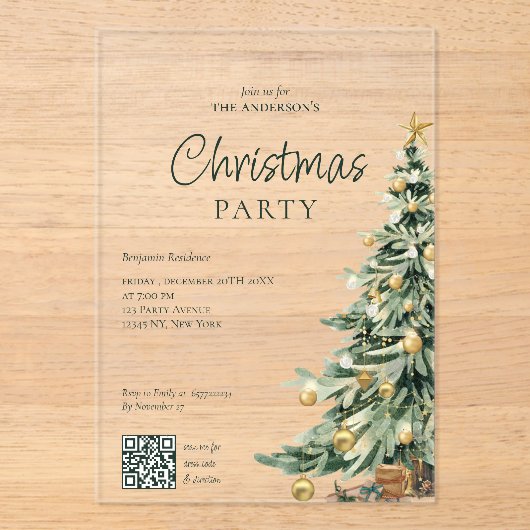 Elegant Watercolor Tree QR Code Christmas Party  アクリル招待状 (正面)