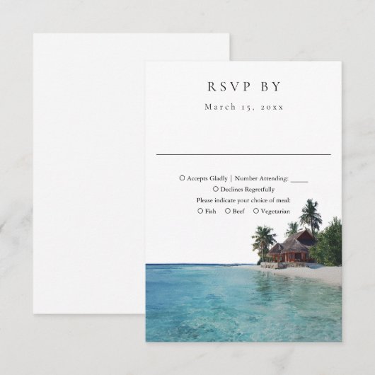 Elegant Watercolor Tropical Beach Wedding 出欠カード (正面/裏面)